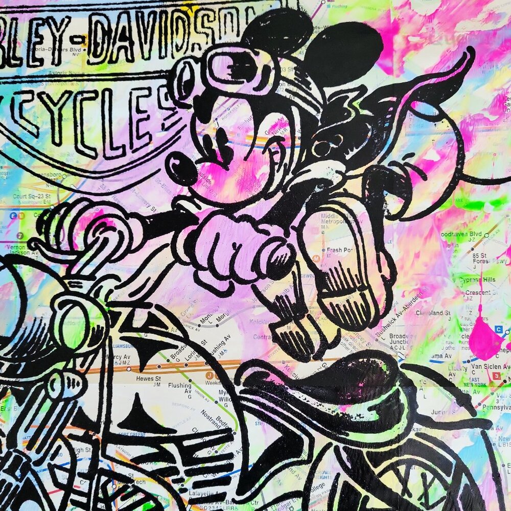 Handpainted Mickey Mouse Harley-Davidson Acrylic Art Painting on NYC Subway Map - Picture 4 of 9
